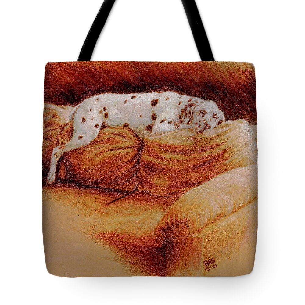 Dog Tote Bag featuring the drawing Comforts of Home by Pris Hardy