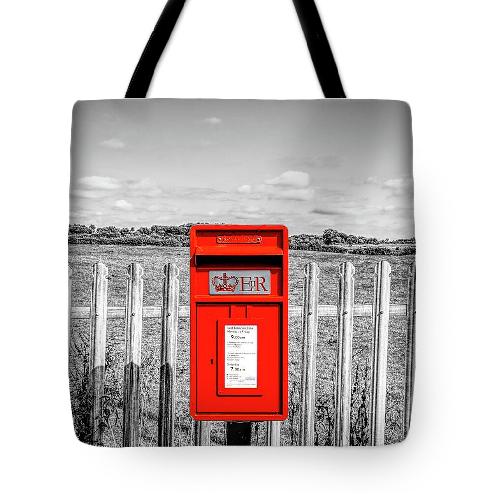 Red Tote Bag featuring the photograph Composite of an English mini post box by Pics By Tony