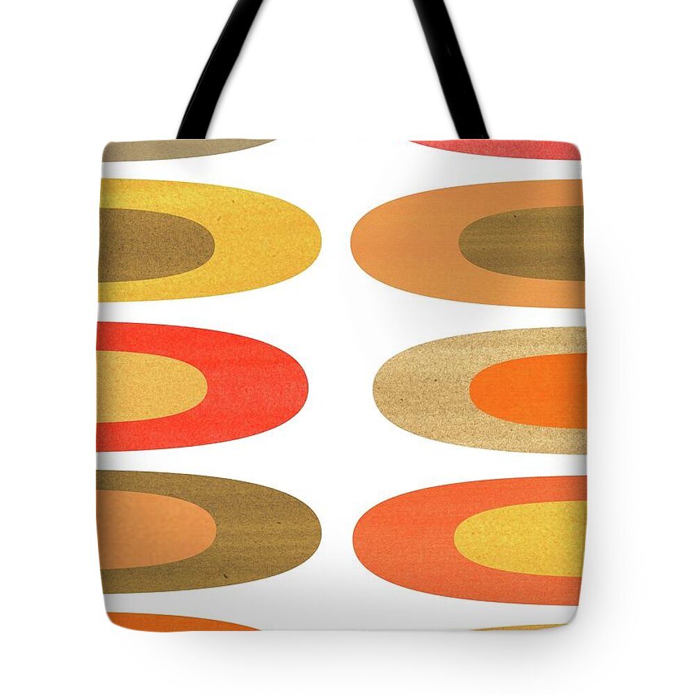 Tan Tote Bag featuring the mixed media Concentric Oblongs in Warm Colors on White by Donna Mibus