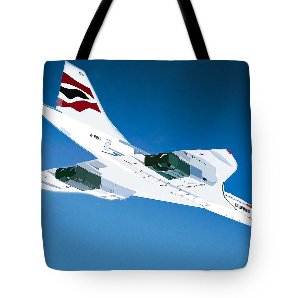 Concorde Tote Bag featuring the digital art Concorde in flight by John Mckenzie