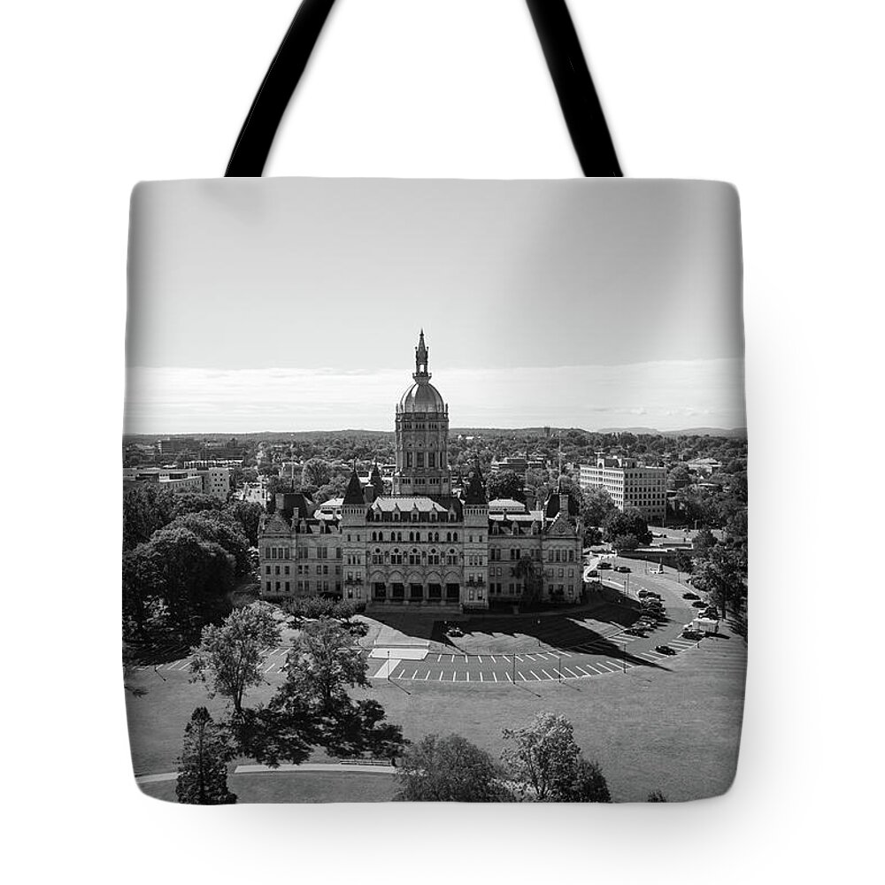 Democrats Tote Bag featuring the photograph Connecticut state capitol building in Hartford Connecticut in black and white by Eldon McGraw