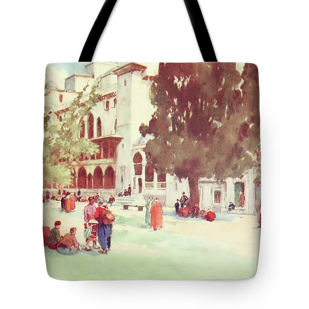 Warwick Goble Tote Bag featuring the drawing Constantinople 1906 Court of the Suleimaniyeh by Warwick Goble