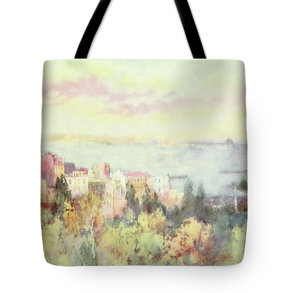 Warwick Goble Tote Bag featuring the drawing Constantinople 1906 Golden horn, early morning by Warwick Goble