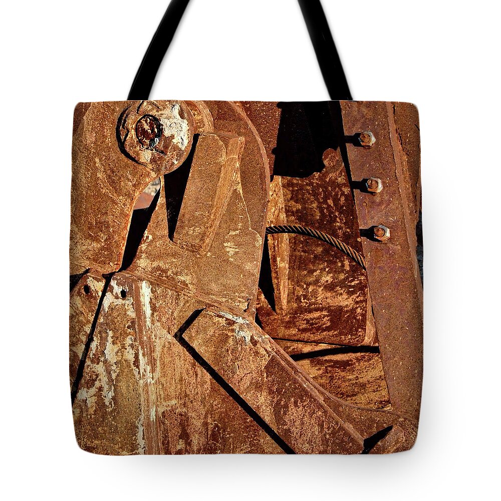 Construction Bucket Metal Rusty Close Crane Tote Bag featuring the photograph Construction Bucket1 by John Linnemeyer