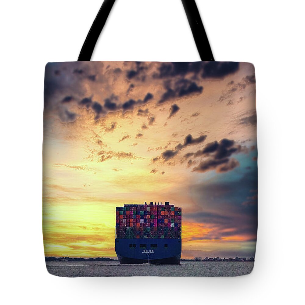 Southport Tote Bag featuring the photograph Container Ship on the Cape Fear River by Nick Noble