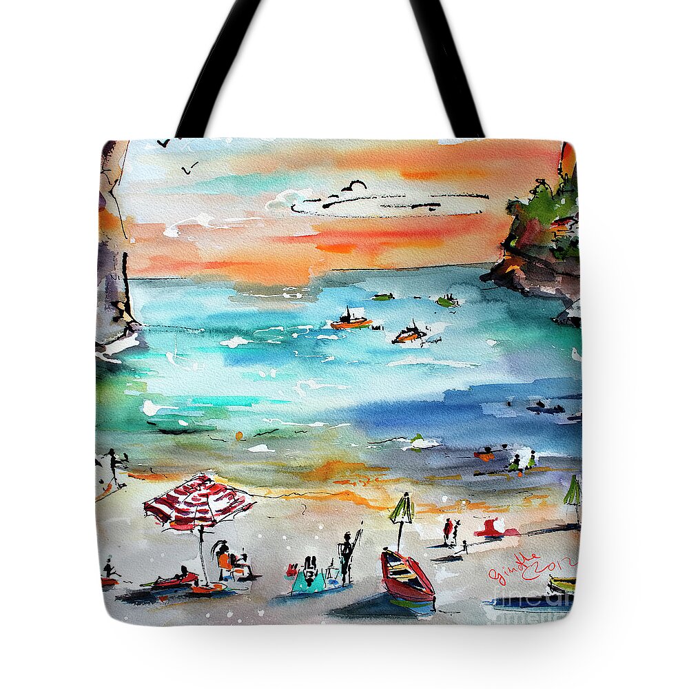 Amalfi Tote Bag featuring the painting Contemporary Amalfi Coast Whimsical Beach Scene Watercolors by Ginette Callaway