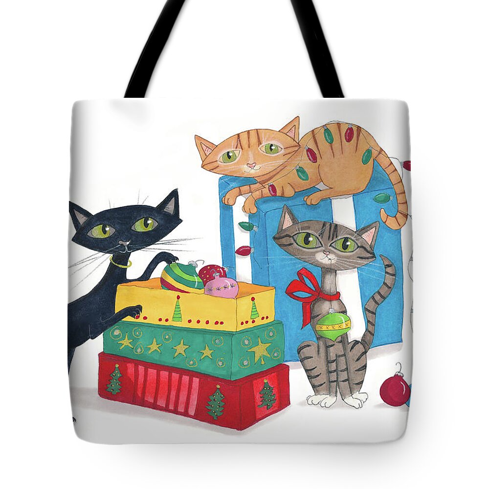 Holiday Tote Bag featuring the painting Cool Cats for the Holidays by Marie Stone-van Vuuren