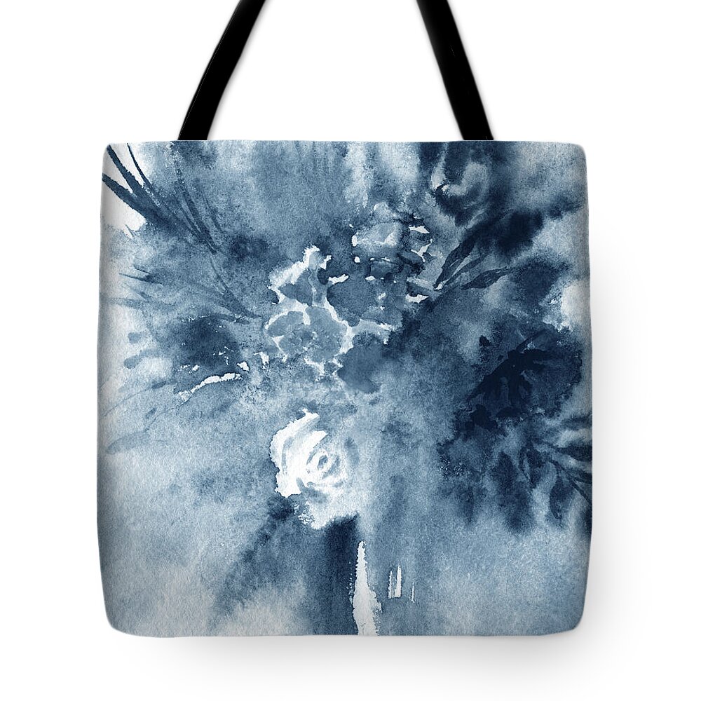 Abstract Flowers Tote Bag featuring the painting Cool Monochrome Palette Abstract Flowers Watercolor Floral Splash III by Irina Sztukowski