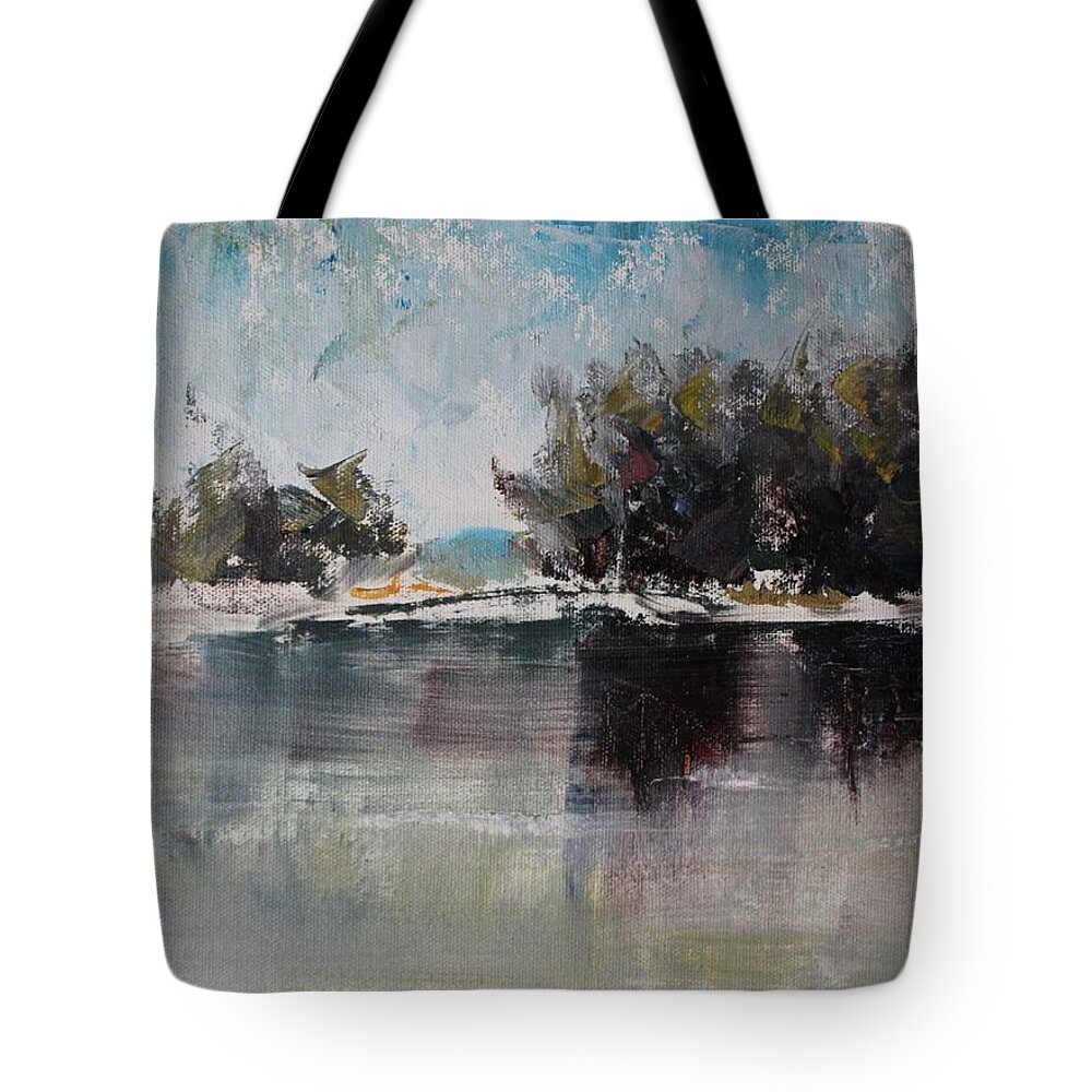 Palette Knife Tote Bag featuring the painting Cool Morning by the Lake by Vera Smith