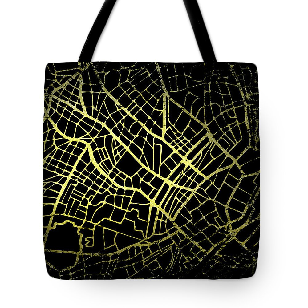 Map Tote Bag featuring the digital art Copenhagen Map in Gold and Black by Sambel Pedes