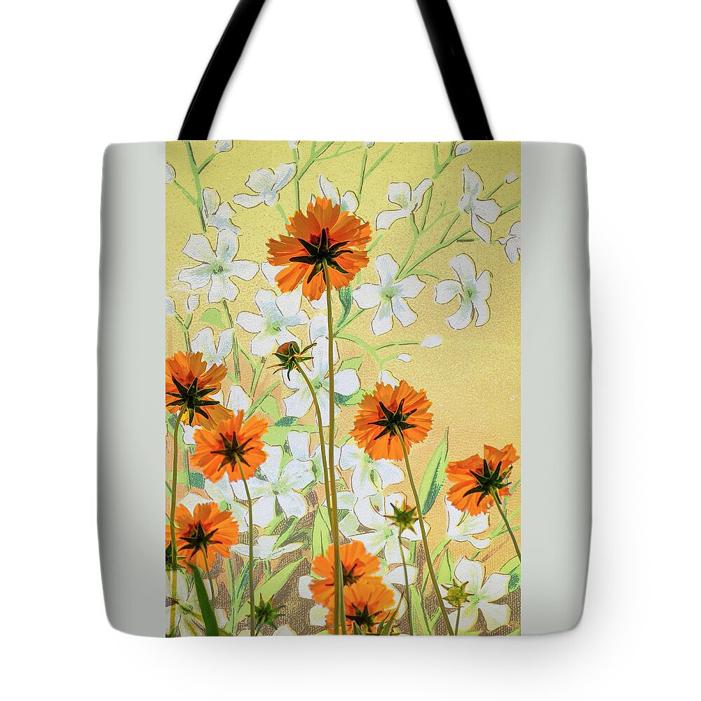 Flora Tote Bag featuring the photograph Coreopsis with French Gypsophile Blanc by Mary Lee Dereske