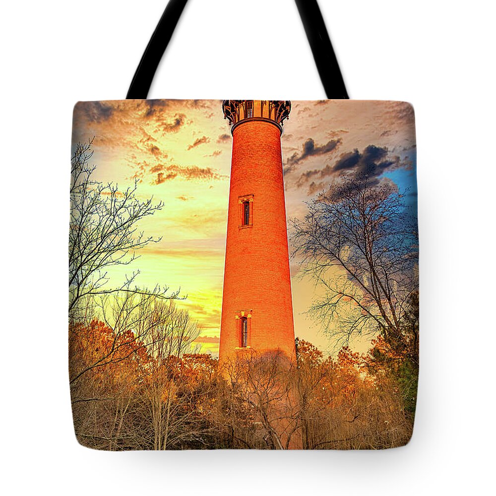 North Carolina Tote Bag featuring the photograph Corolla Lighthouse and Sunset Sky vert by Dan Carmichael
