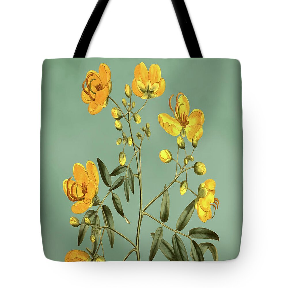Corymbous Cassia flower on Misty Green With Dry Brush Effect Tote