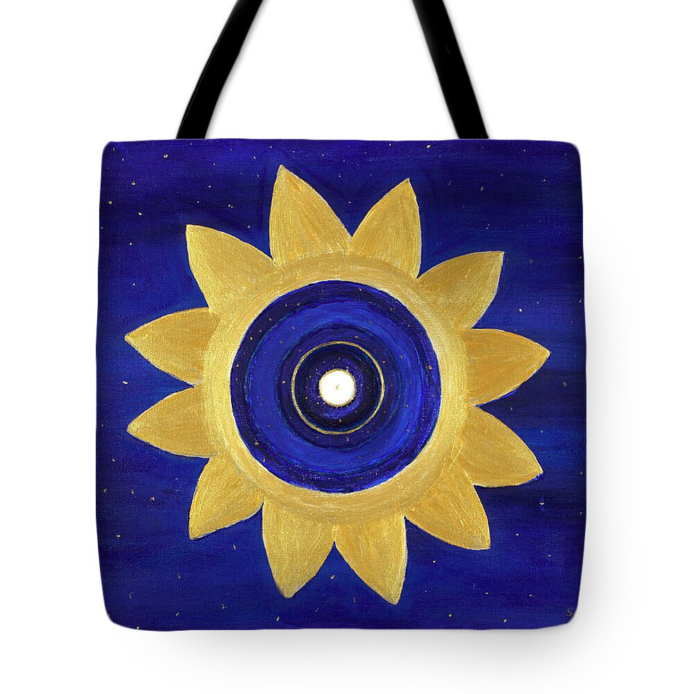 Golden Flower Heart Lotus Floating In Space Cosmic Symbol Mandala Tote Bag featuring the painting Cosmic Lotus by Santana Star