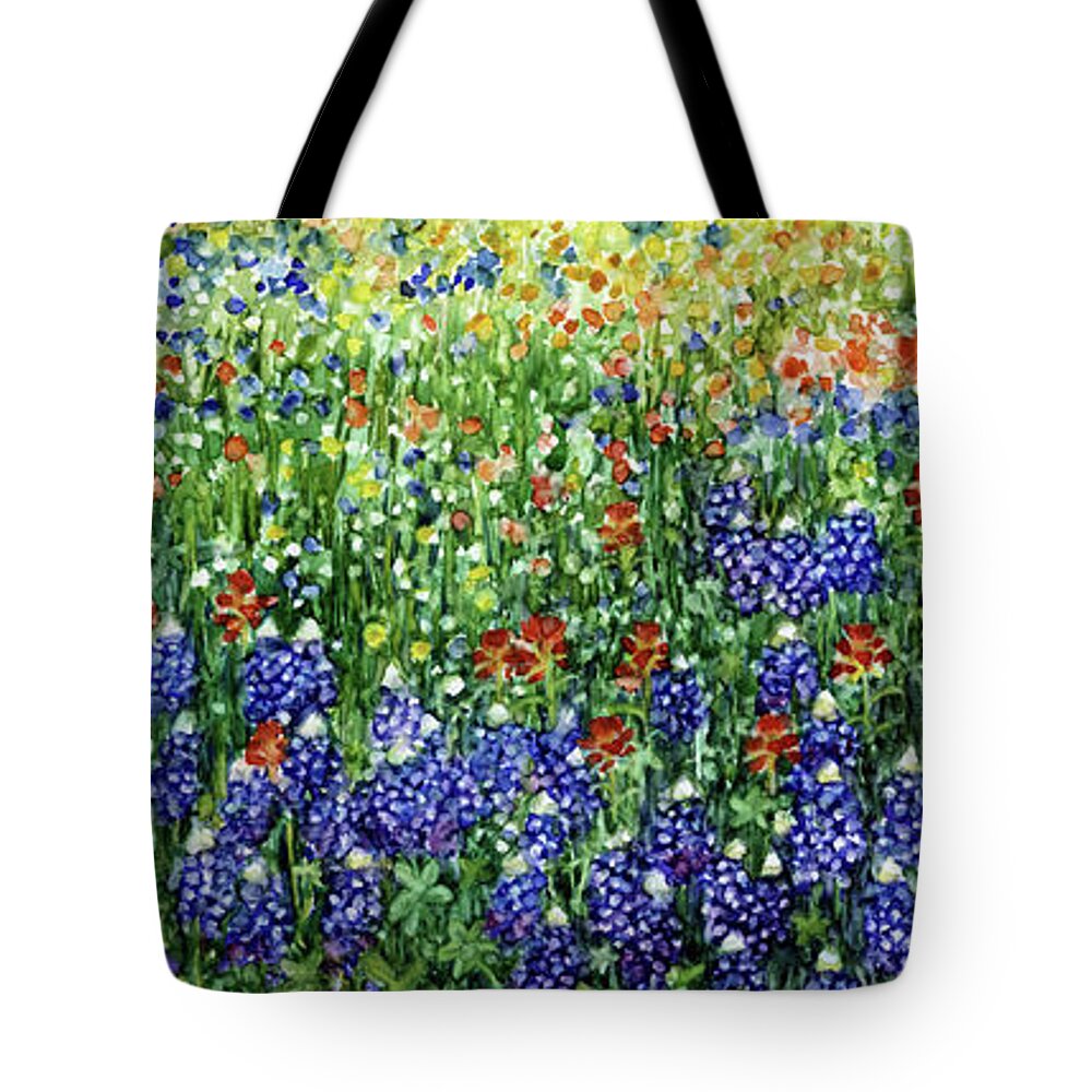 Bluebonnet Tote Bag featuring the painting Cottage and Wildflowers - Bluebonnets by Hailey E Herrera