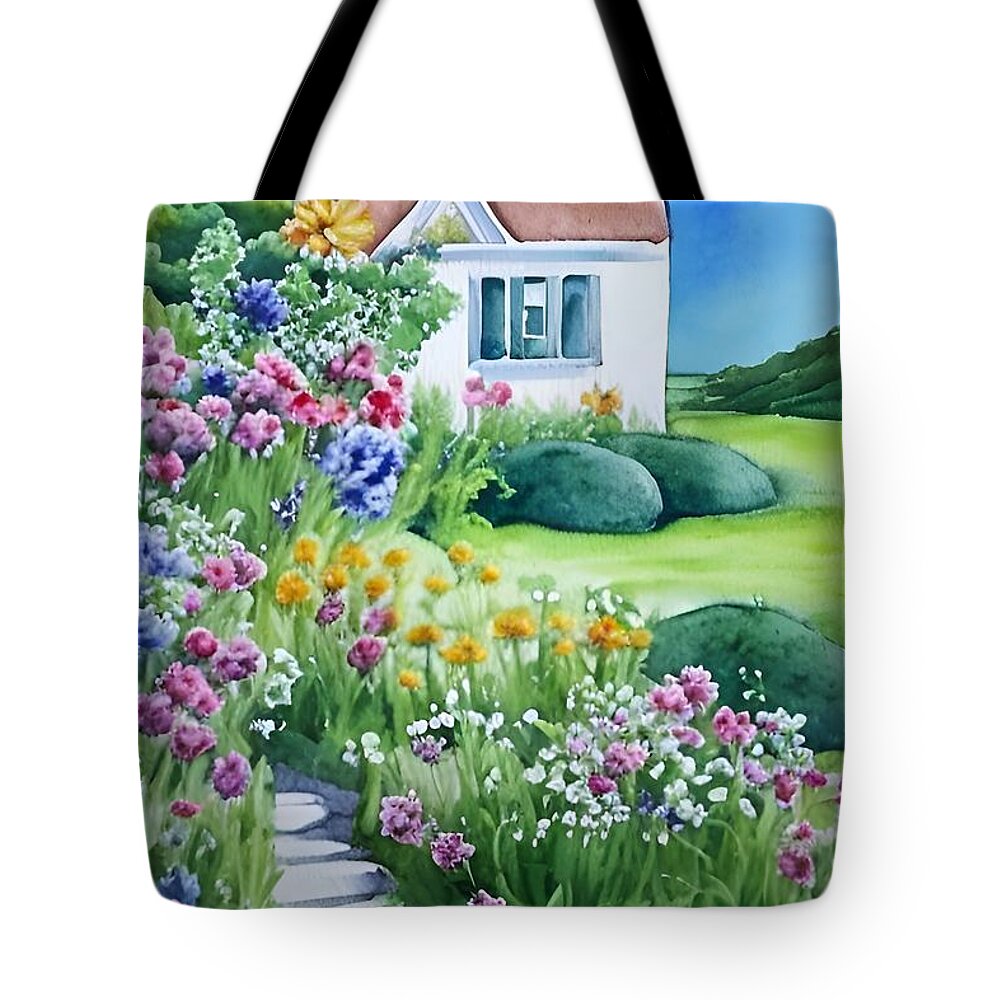Garden Tote Bag featuring the mixed media Cottage Flowers by Bonnie Bruno