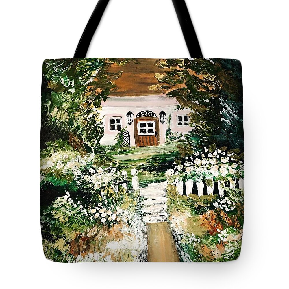 Home Decor House Landscape Woods Floral Flowers Cottage Dreamy Tote Bag featuring the painting Cottage in the woods by Meredith Palmer