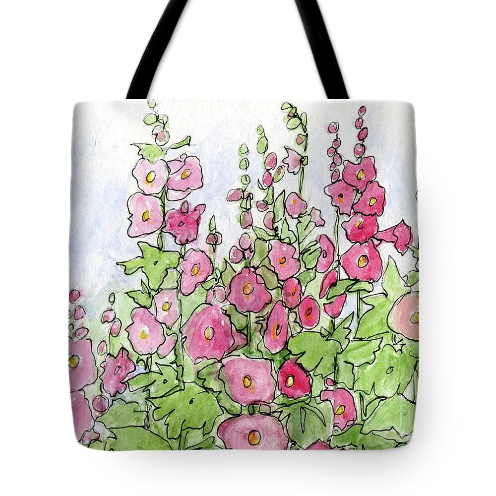 Cottage Garden Tote Bag featuring the painting Cottage Pink Hollyhock by Laurie Rohner