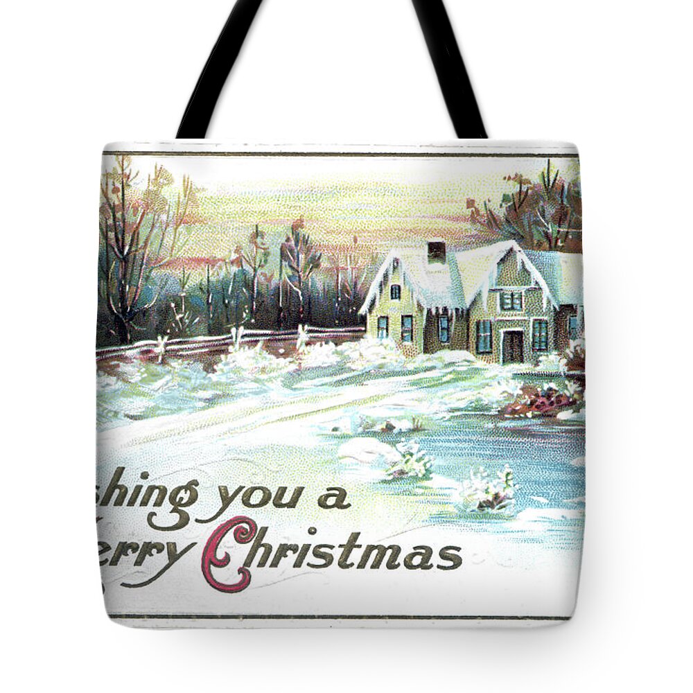 Merry Tote Bag featuring the digital art Cottage Woods With Snow by Pete Klinger