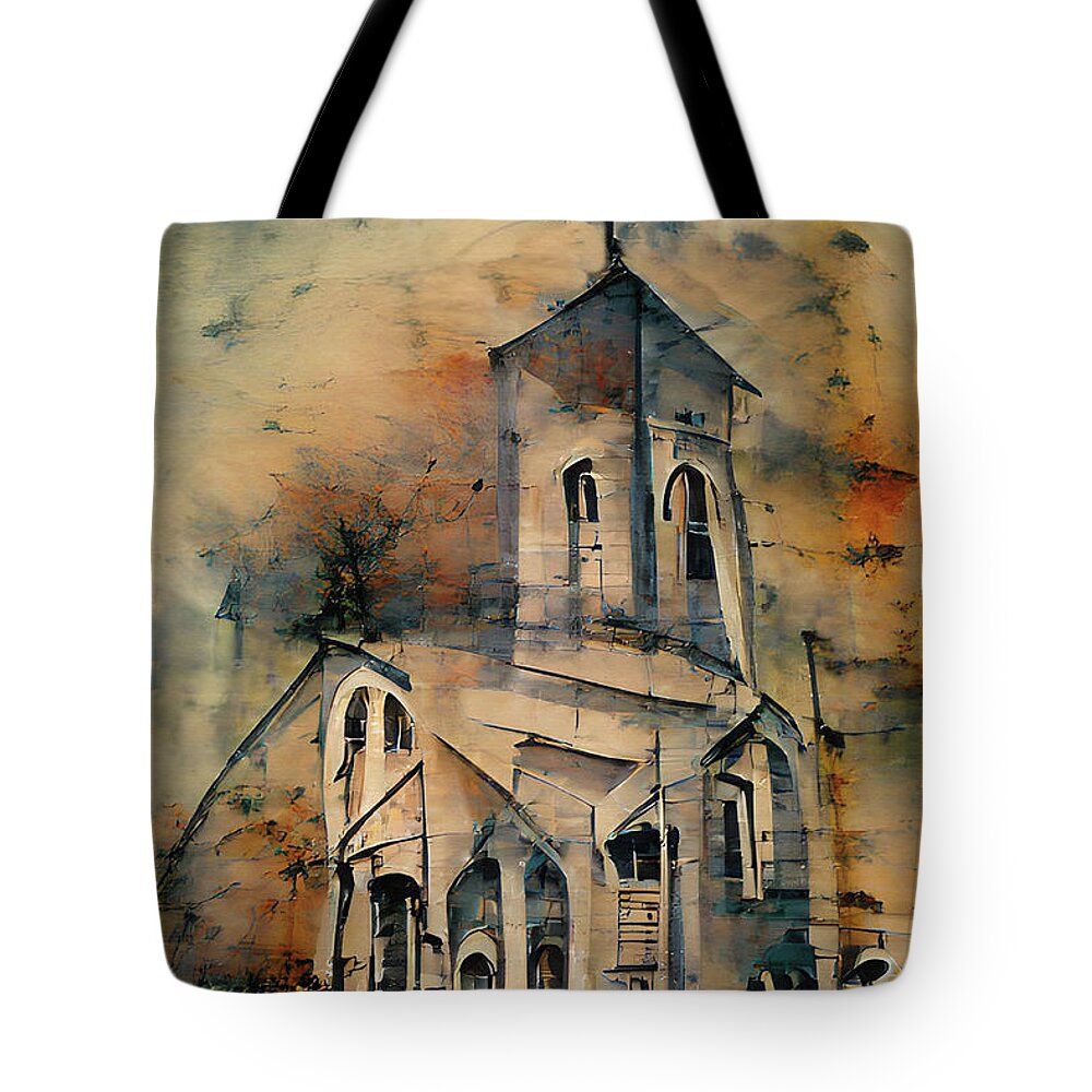 Church Tote Bag featuring the painting Country Church Abstract Watercolor by David Dehner
