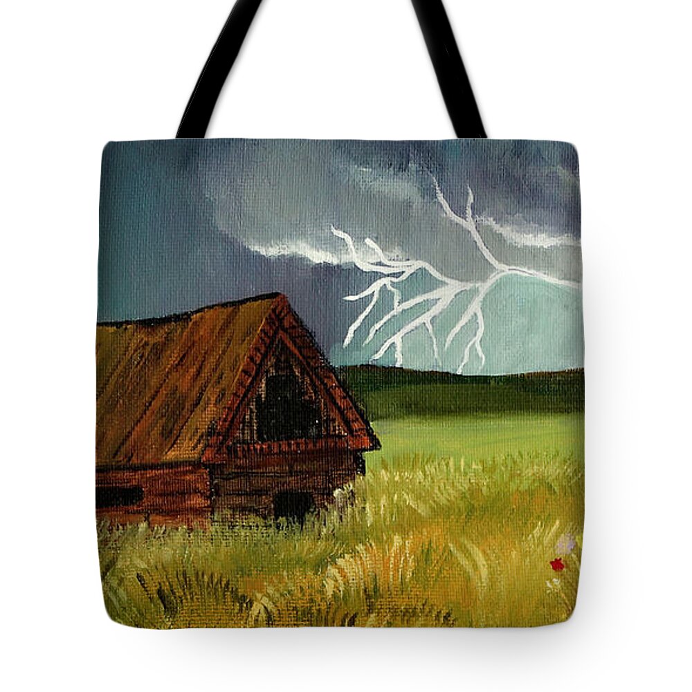 Storm Tote Bag featuring the painting Country Lightning by Shirley Dutchkowski