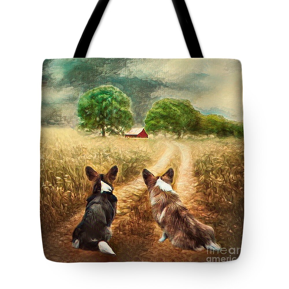 Corgi Tote Bag featuring the mixed media Country Welsh Corgis by Kathy Kelly