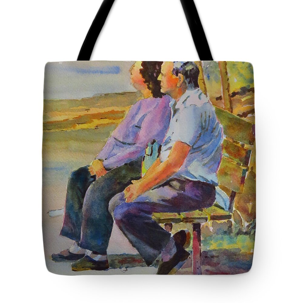 Park Tote Bag featuring the painting Couple on a Bench at Lemoine's Point by David Gilmore