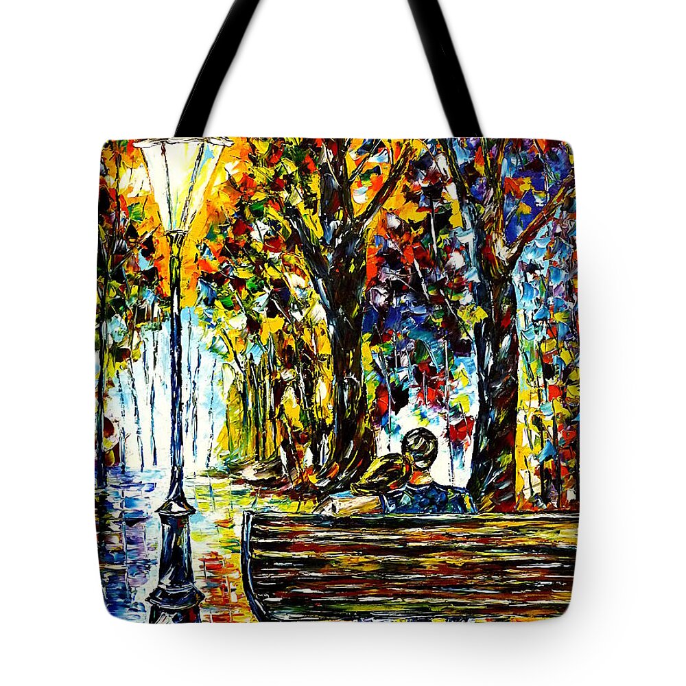 Lovers On A Bench Tote Bag featuring the painting Couple On A Bench by Mirek Kuzniar