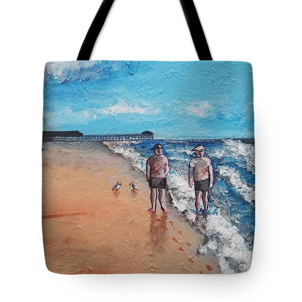  Tote Bag featuring the painting The Couple Strolling the Beach by Mark SanSouci