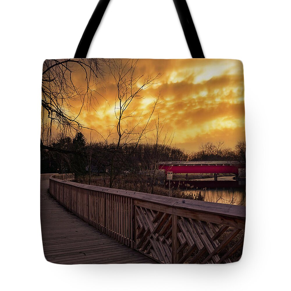 Covered Tote Bag featuring the photograph Covered Bridge Park Under Brooding Skies by Jason Fink