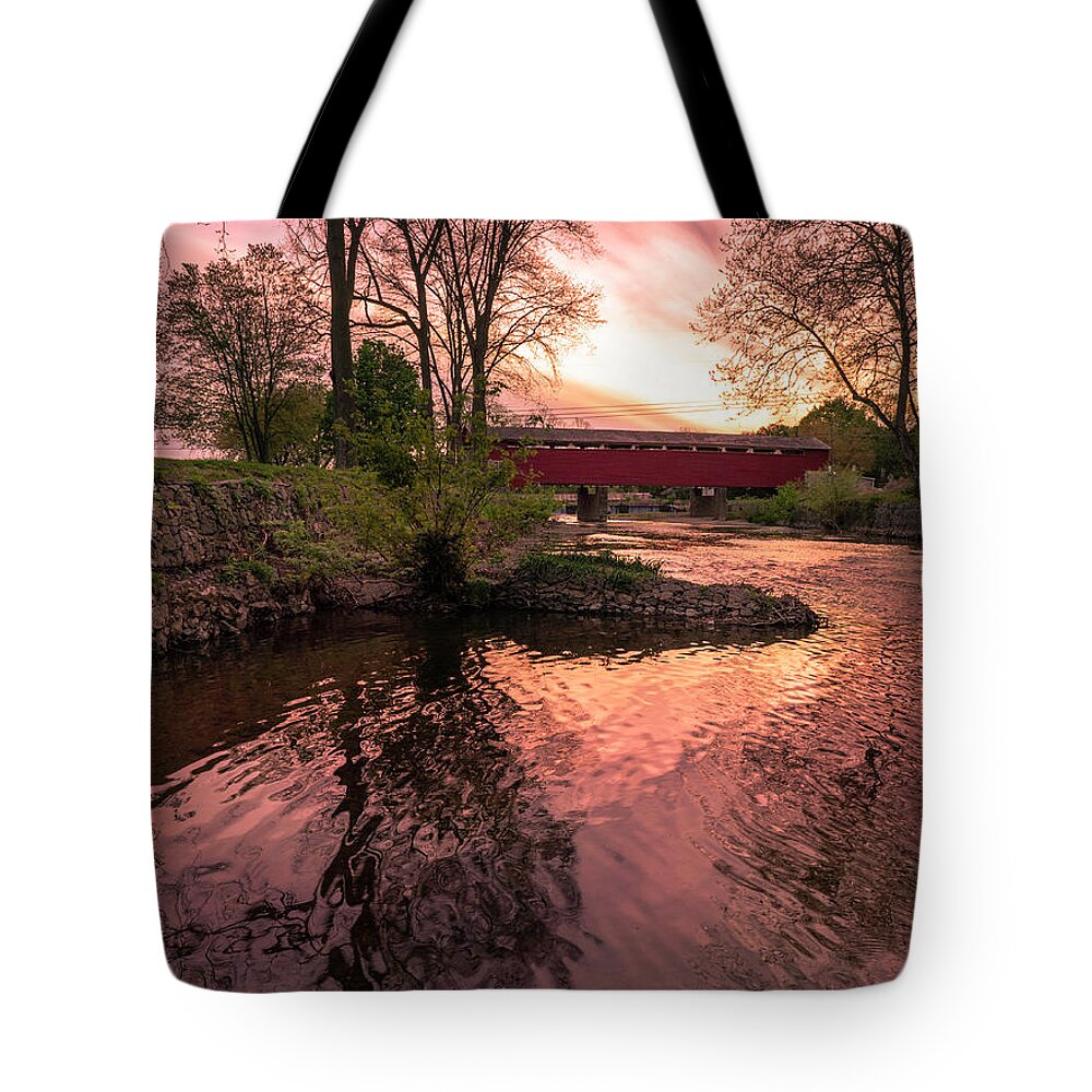 Covered Tote Bag featuring the photograph Covered Bridge Sunset on the River by Jason Fink