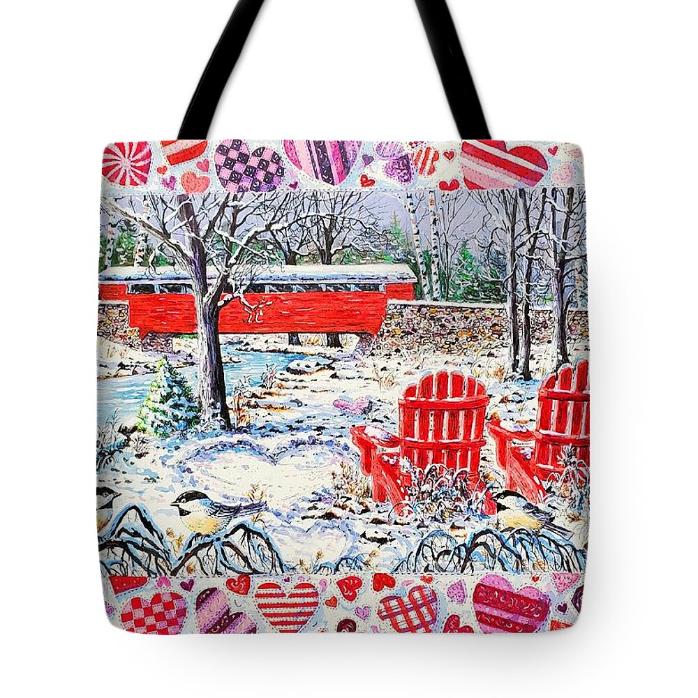 Valentines Tote Bag featuring the painting Covered Bridge Valentines by Diane Phalen