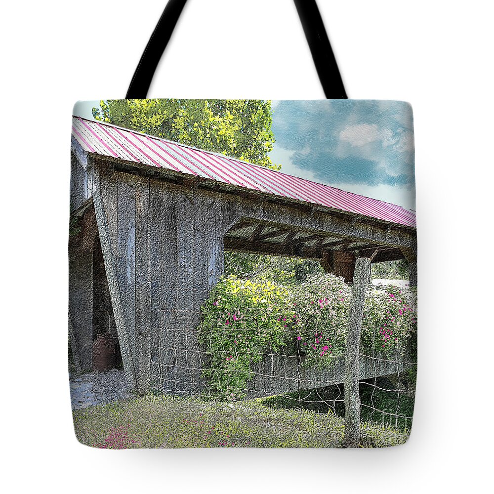 Bridge Tote Bag featuring the photograph Covered bridge with flowers by Bentley Davis
