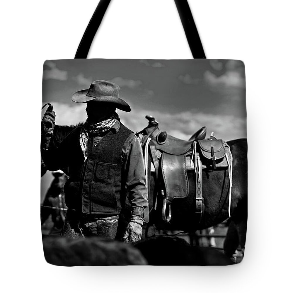Ranch Tote Bag featuring the photograph Cowboy and his horse by Julieta Belmont