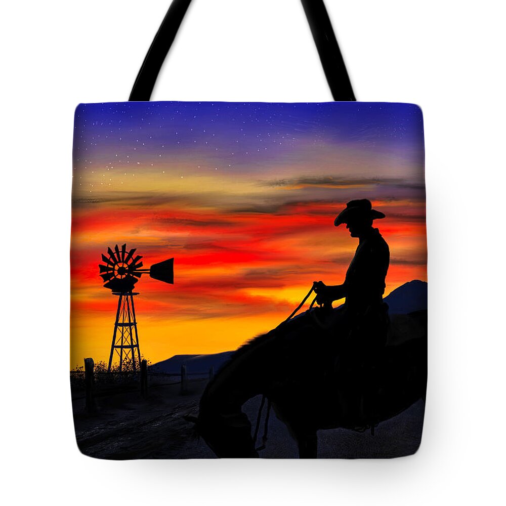 Illustration Tote Bag featuring the digital art Cowboy at Sunset by Ron Grafe