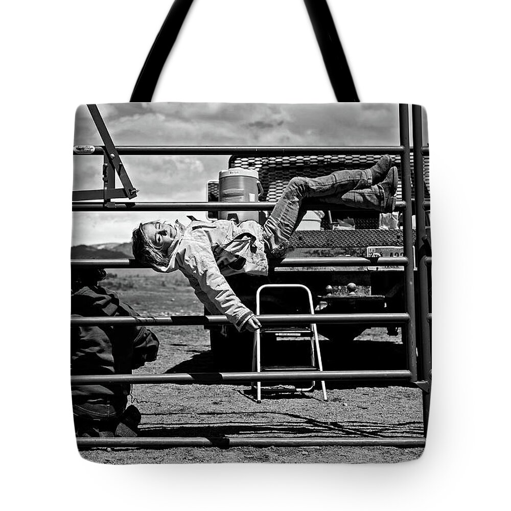 Ranch Tote Bag featuring the photograph Cowgirl chilling by Julieta Belmont