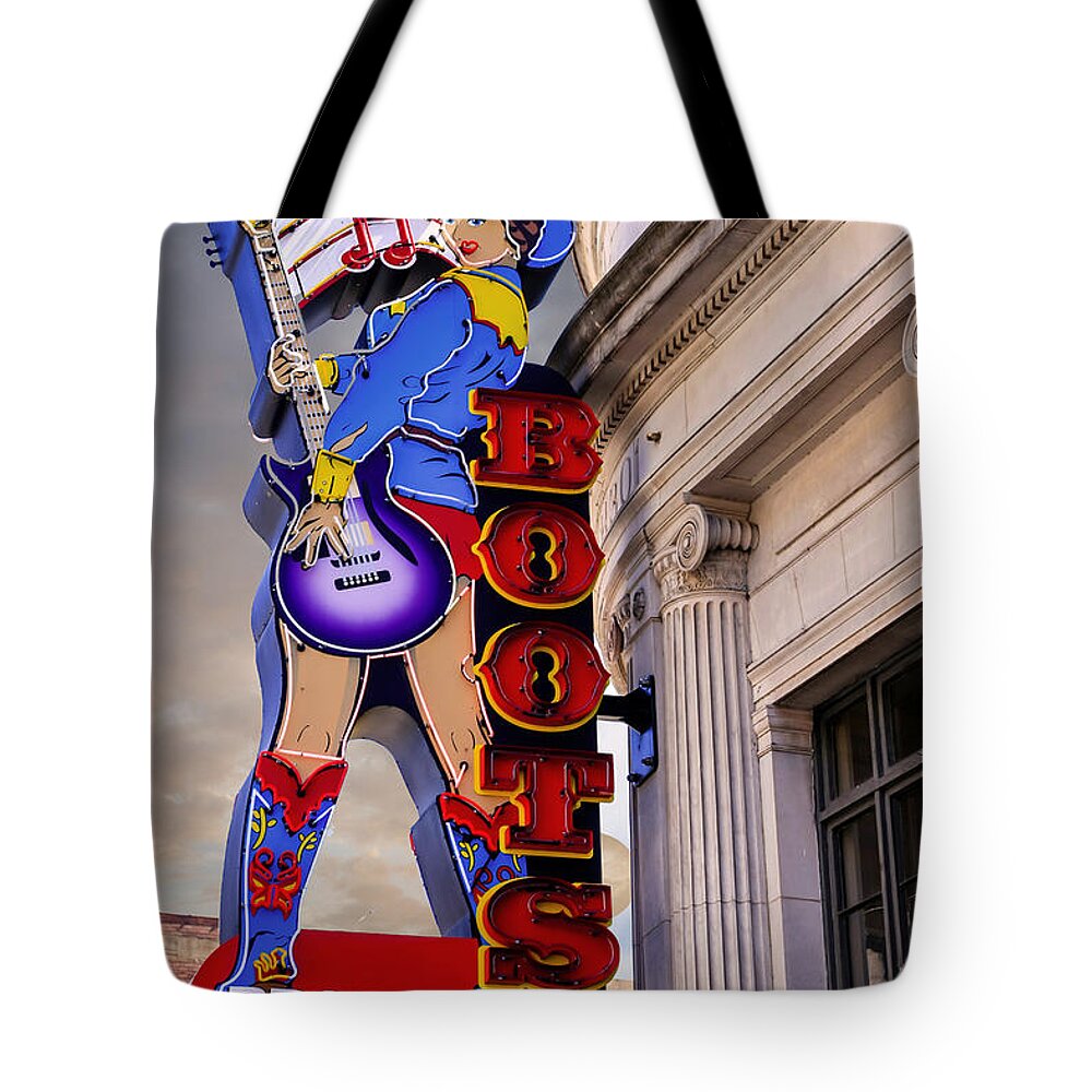 Neon Tote Bag featuring the photograph Cowgirl neon sign Nashville TN by Chris Smith