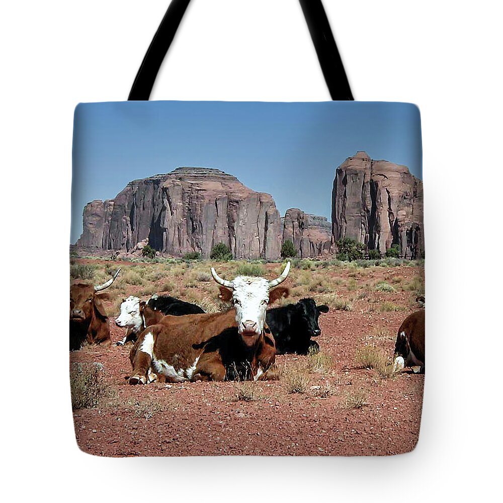 Monument Valley Tote Bag featuring the photograph Cows in the Mittens by Louis Dallara