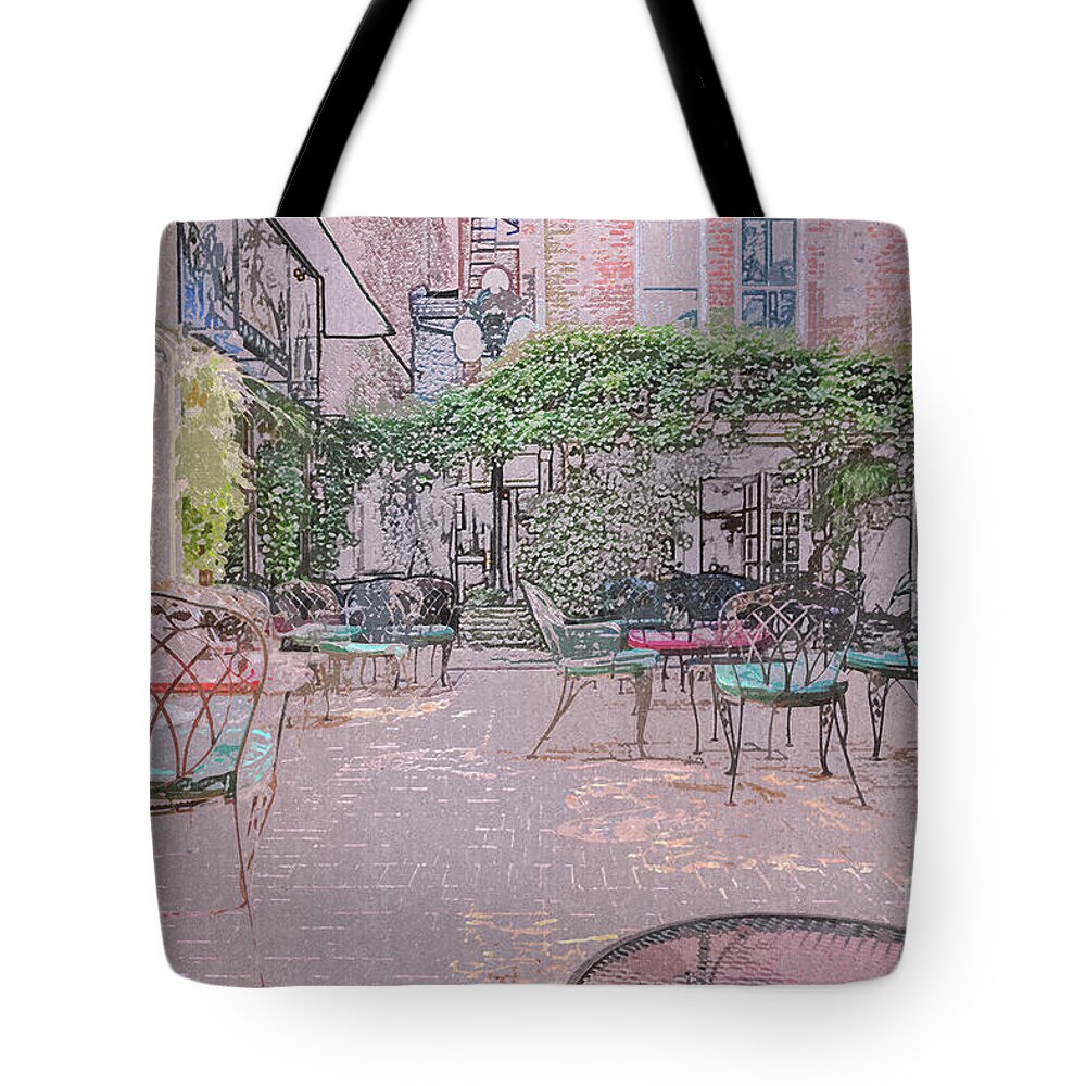 Courtyard Tote Bag featuring the digital art Cozy Courtyard by Bentley Davis