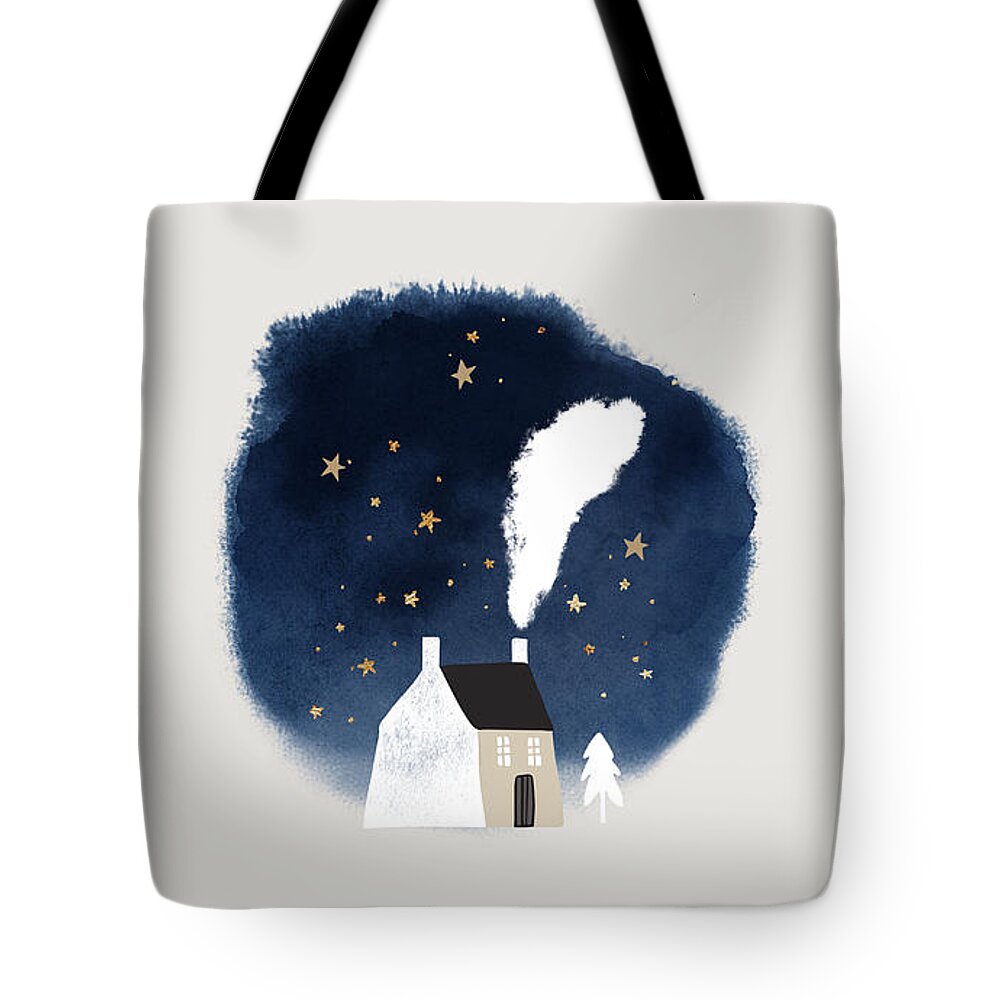 Cozy Winter Night Tote Bag featuring the painting Cozy Winter Night Watercolor Art Christmas Holiday by Modern Art