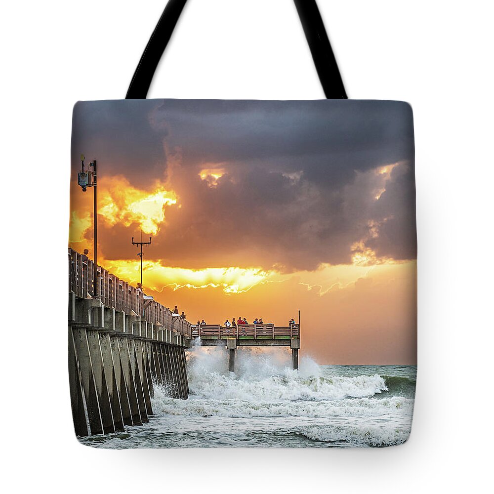 Venice Fishing Pier Tote Bag featuring the photograph Crashing Waves at Venice Pier by Rudy Wilms
