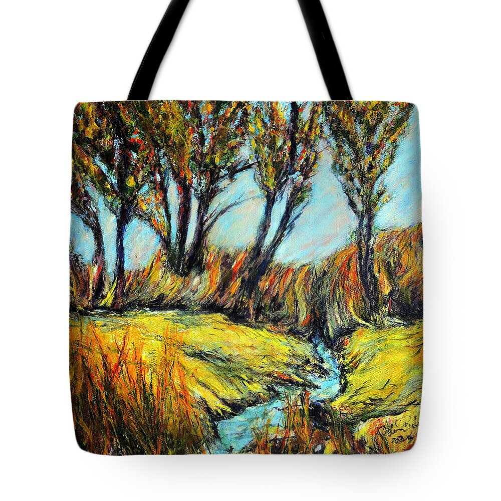 Acrylic Painting Tote Bag featuring the painting Creek through Wheat Field by John Bohn