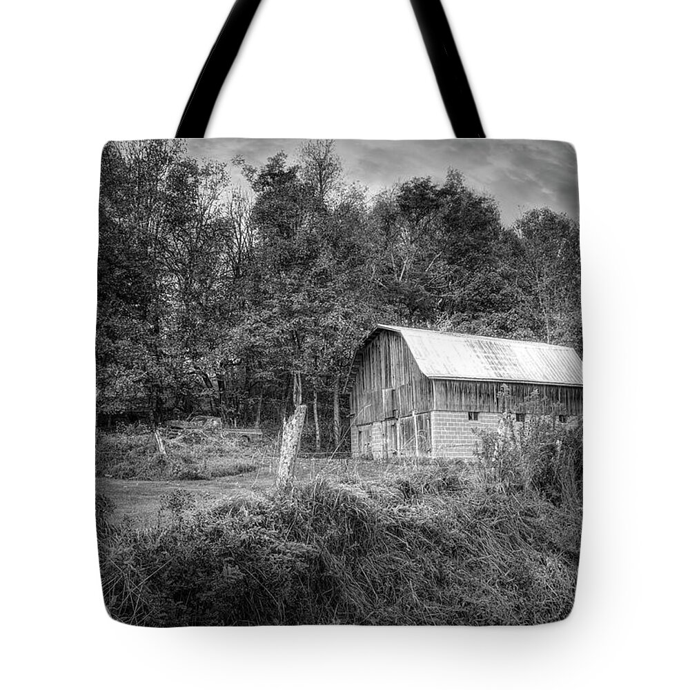 Barns Tote Bag featuring the photograph Creeper Trail Farm Barn Damascus Virginia Black and White by Debra and Dave Vanderlaan