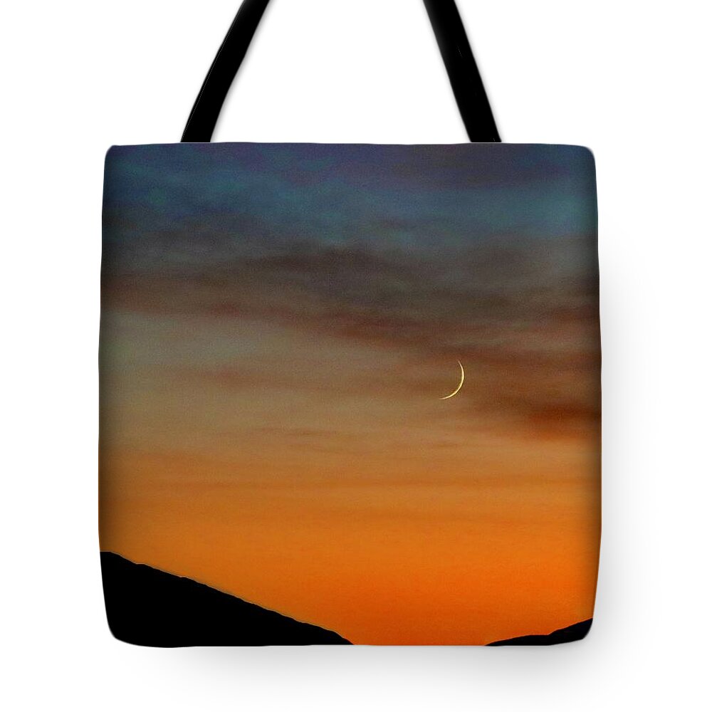 Moon Tote Bag featuring the photograph Crescent Moon at Sunset by Sarah Lilja