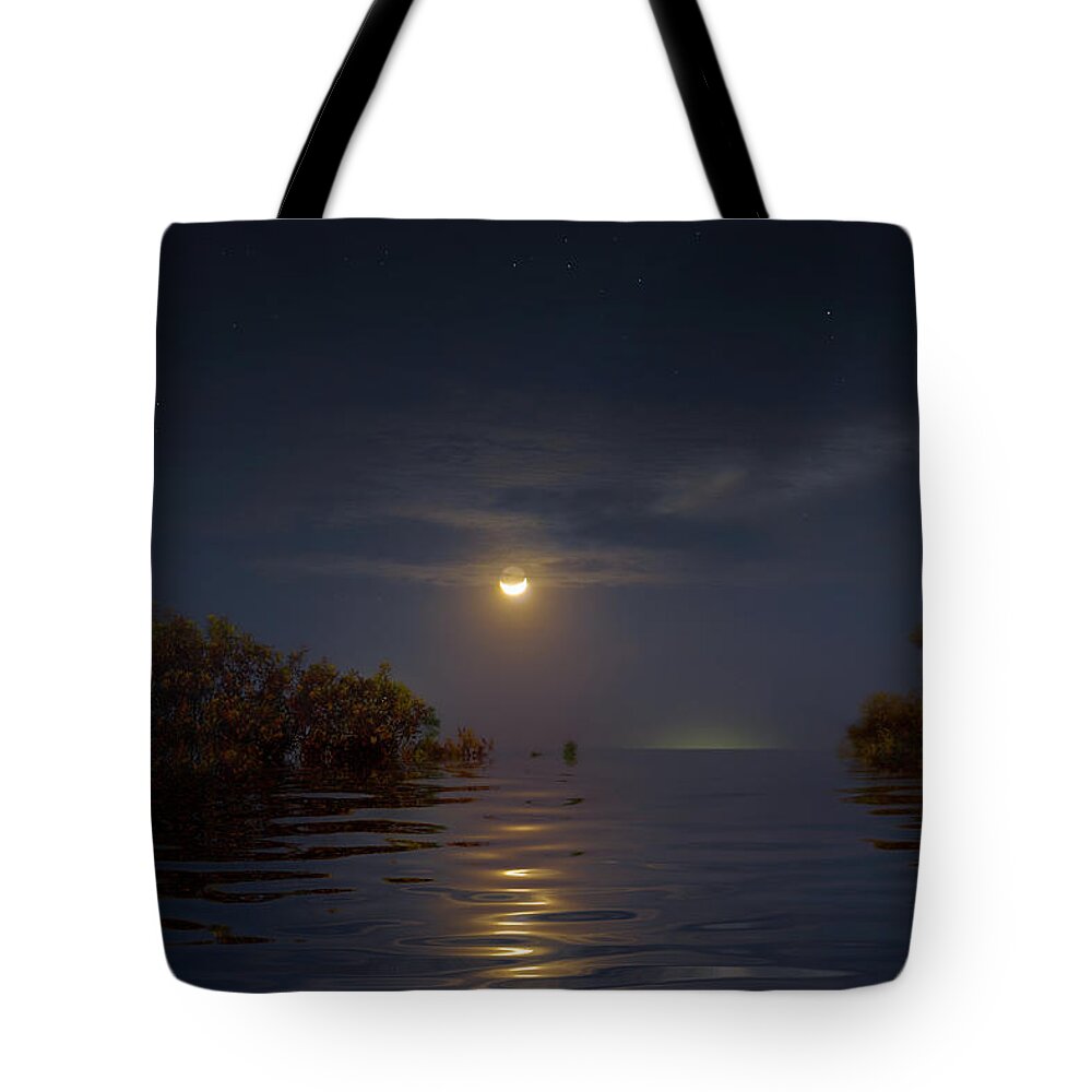 Moon Tote Bag featuring the photograph Crescent Moon Over Florida Bay by Mark Andrew Thomas