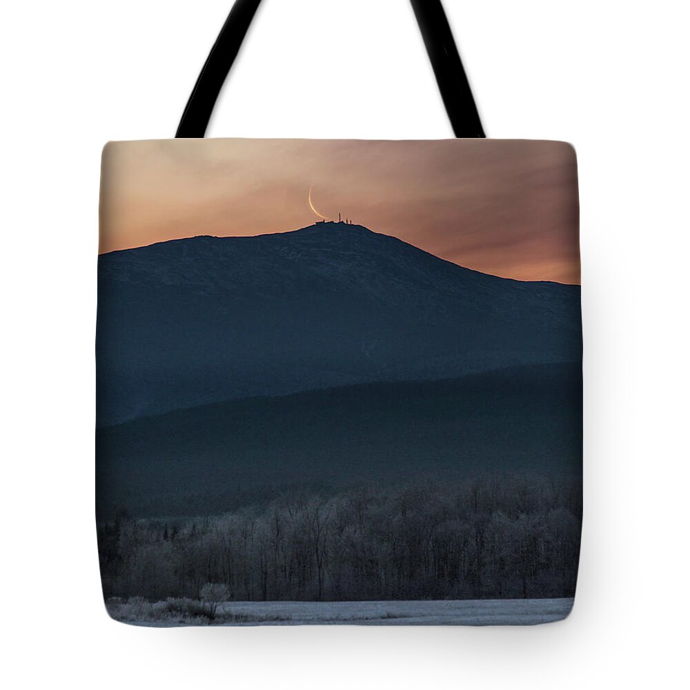 Crescent Tote Bag featuring the photograph Crescent Moon Washington Sunrise by White Mountain Images