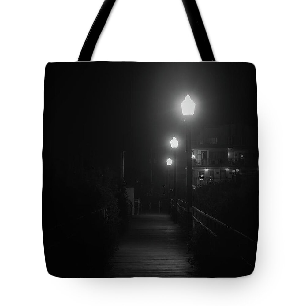 Pier Tote Bag featuring the photograph Crest Pier at Night Black and White by Jason Fink