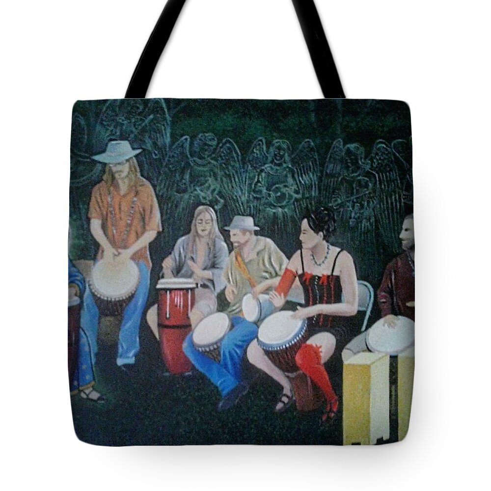 Drums Tote Bag featuring the painting Crestone Drumming Circle by James RODERICK