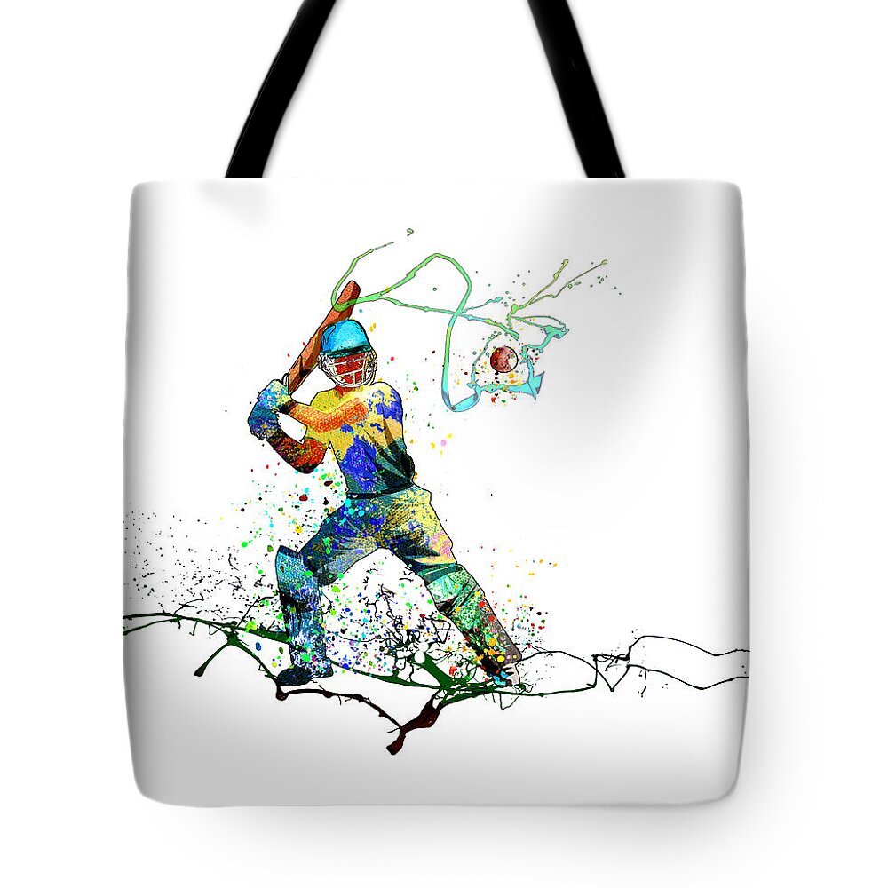 Sports Tote Bag featuring the mixed media Cricket Passion 01 by Miki De Goodaboom