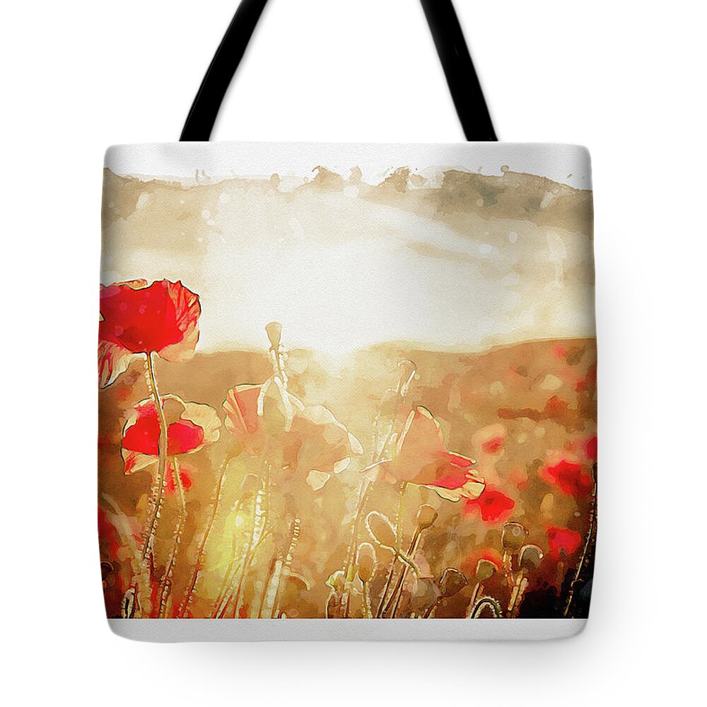 Poppy Sunset Tote Bag featuring the digital art Crimson Fields by Airpower Art